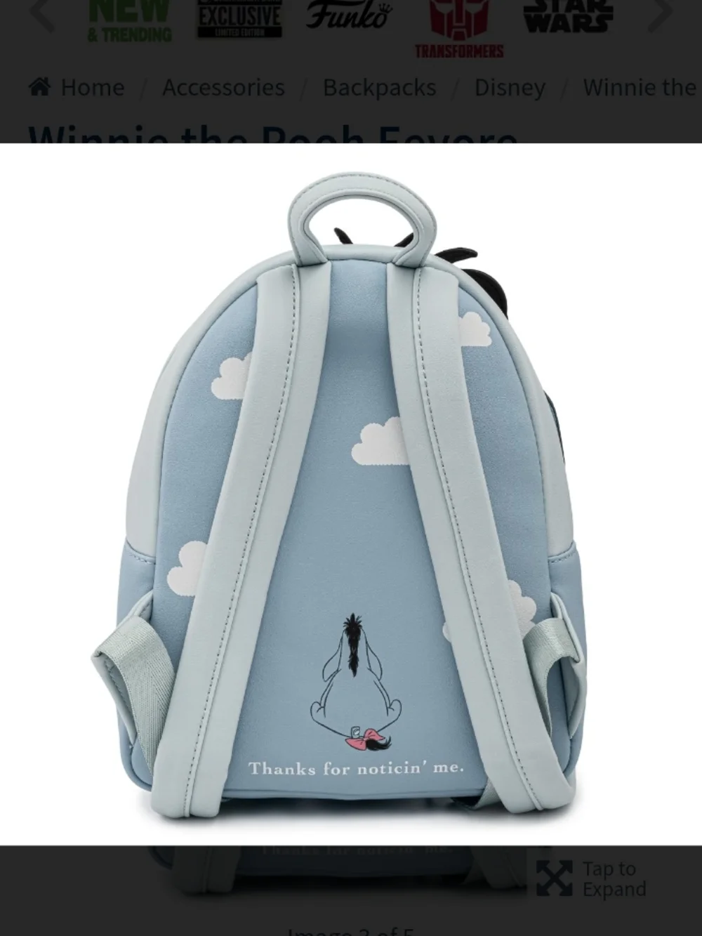 Loungefly Eeyore Character Mini Backpack in Light Blue with Pink Bow Charm - Picture 4 of 6